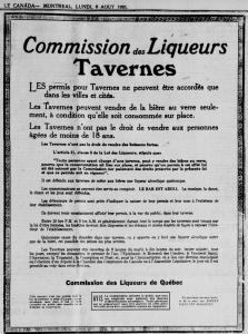 Annonce publiée par la Commission des Liqueurs du Québec concernant les règles à suivre par les taverniers à l’égard de la vente d’alcool.