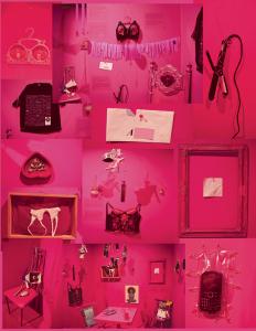Différentes images d’une pièce aux murs roses qui contient des objets utilisés par les travailleuses du sexe.