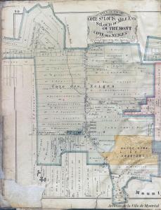 Plan ancien sur lequel on peut voir l’emplacement de terres agricoles et la trajectoire d’un ruisseau.