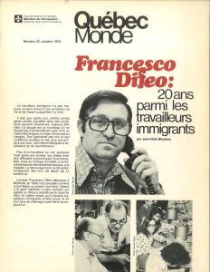 Page couverture d'une brochure du gouvernement du Québec, Québec Monde, présentant Francesco Di Feo