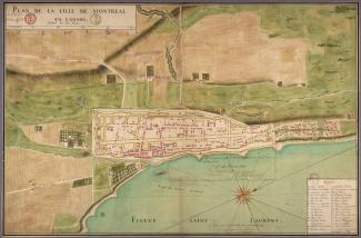 Plan aérien de Ville-Marie fortifiée avec son port, marquant au bas de l'image la « Route des Barques, ou Chenal ». On y lit que le plan a été « Veu et aprouvé par le Conseil de Marine ». 