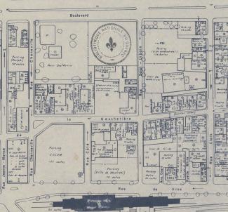 Carte montrant le Quartier chinois avant la construction du complexe Guy-Favreau. On aperçoit l’emplacement de Wong Wing.