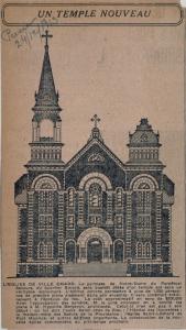 Dessin de la façade d'une église, accompagné d'un texte énonçant son projet de construction imminente.