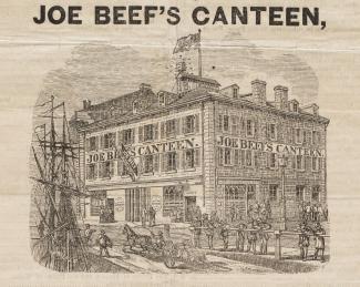 Illustration de la façade de la taverne indiquant « JOE BEEF'S CANTEEN », devant laquelle on aperçoit une embarcation et des passants. 
