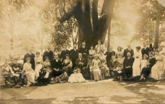 Famille nombreuse de différentes générations posant à l’extérieur devant un gros arbre