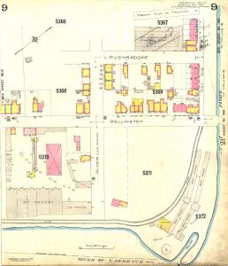 Plan d’assurance-incendie montrant le quadrilatère formé par les voies Wellington, River (aujourd’hui Gilberte-Dubé), Rushbrooke et May en 1913. 