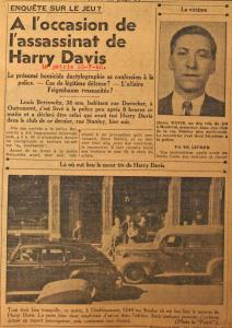 Coupure d’un journal qui parle de l’assassinat de Harry Davis avec une photo de la victime et une du 1244, rue Stanley, lieu du meurtre. 