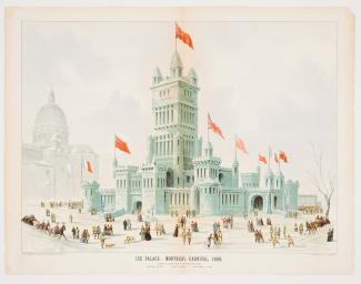 Illustration du palais de glace anticipé par Hutchison, portant l’inscription « Ice palace - Montreal carnival, 1889 ».