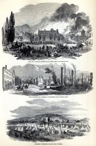 Trois dessins montrant les lendemains du grand incendie de 1852