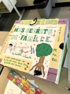 Une boite bricolée sur laquelle on peut lire : « Mes trésors de famille ». Un arbre est représenté.