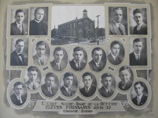 Photo composite montrant l'école Notre-Dame-de-la-Défense et ses finissants en 1931-1932