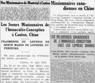 ! Ces quatre articles du Devoir documentent les réalités de la mission à Canton et les nouveaux départs de religieuses vers la Chine, en mentionnant l’importance de Délia Tétreault.