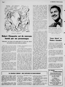 Page intérieure d’une revue montrant une caricature de Robert Choquette et un article sur cet auteur. 