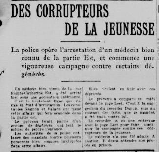 Article en une du journal La Patrie s’intitulant Des corrupteurs de la jeunesse