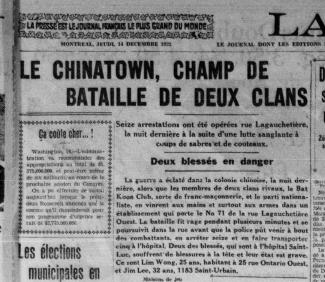 Coupure du journal La Presse intitulée « Le Chinatown : champ de bataille de deux clans »