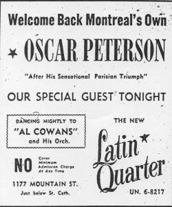Publicité du Latin Quarter annonçant Oscar Peterson en spectacle