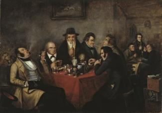 Peinture de divers membres du Shakespeare Club de 1847. John Young apparaît sur la gauche du tableau, soufflant de la fumée dans l’air.