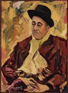 Représentation d'Alexander Bercovitch avec manteau brun, foulard et chapeau noir.