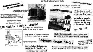 Collage de grands titres de journaux concernant Logexpo
