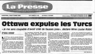 Une du journal La Presse le 31 mars 1988. On annonce l'expulsion des Turcs.