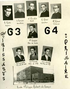 Extrait de l’album des finissants de 1963-1964 avec une photo de l’école, les photos des quatre étudiants du conseil et les photos des cinq religieux à la direction de l’école. 