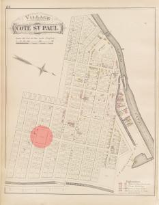 Plan avec couleurs montrant le village de Côte-Saint-Paul en 1879