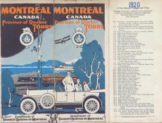 Couverture d’un guide touristique de Montréal de 1920 avec une illustration montrant de l’avant-plan à l’arrière-plan : une voiture, un train et un bateau sur le fleuve.