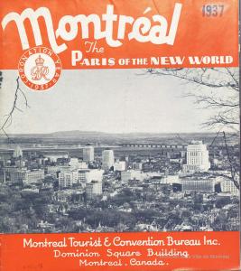 Brochure avec des bandes rouges dans le haut et le bas de la page couverture. Au centre, il y a une photographie en noir et blanc du centre-ville de Montréal.