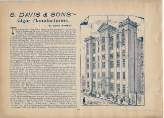 Page d’une revue ancienne avec d’un côté un texte en anglais sur la S. Davis & Sons Cigars Manufacturers et de l’autre une illustration montrant l’édifice.