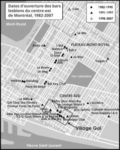 Carte présentant l’emplacement des bars lesbiens à Montréal de 1982 à 2007