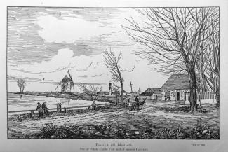 Dessin montrant le site de Pointe-Claire en 1867 avec un moulin et une maison sur le bord de l'eau.