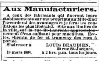 Annonce de journal de Louis Beaubien pour ceux qui voudraient s’établir sur sa propriété du Mile End.