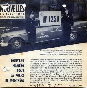 Feuillet pour faire connaître le nouveau numéro pour la police de Montréal comportant une photo et du texte.