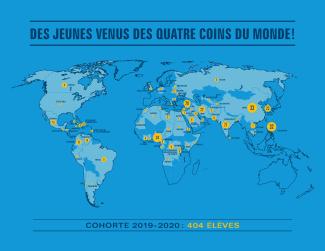 Mappemonde des pays d’origine des élèves ayant participé au projet Vous faites partie de l’histoire! en 2019-2020.