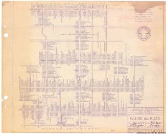 Plan quadrillé des principales rues de Montréal avec les numéros d’immeuble indiqués entre chaque intersection.
