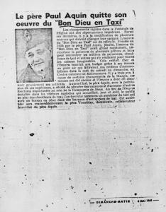 Coupure de presse ayant pour titre « Le père Paul Aquin quitte son œuvre du “Bon Dieu en Taxi” » avec une petite photo en gros plan du père Aquin.