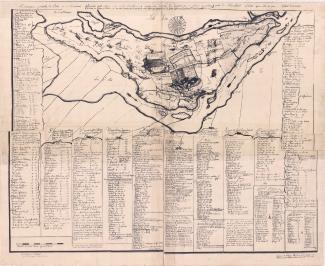 Copie d'un plan de 1702 qui présente l'ensemble de l'île de Montréal, avec les terres concédées pour les différents secteurs habités. 