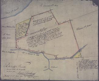 Plan annoté du fief Nazareth, bordé de rouge, « sur une échelle de 16 perches au pouce », daté de 1805. 