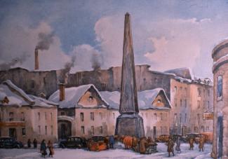 Photographie d’une peinture montrant l’obélisque commémorant la fondation de Montréal par Chomedey de Maisonneuve sur la place D’Youville vers 1930.