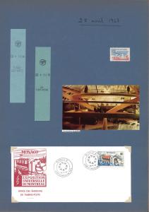 Page d'un des albums personnalisés de Yolande Méthot avec deux correspondances de métro, un timbre du Canada, une enveloppe avec le timbre de Monaco, une coupure de revue