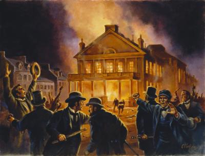 Tableau représentant le parlement de Montréal en flamme dans la nuit du 25 avril 1849