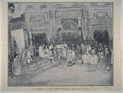 Scène du drame biblique La Passion de Philippe Casimir et Comer présenté sur la scène du Monument National en 1902.