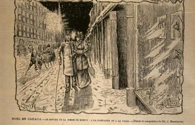 Illustration montrant un homme et une femme marchant sur le trottoir en hiver et longeant des vitrines de grands magasins. 