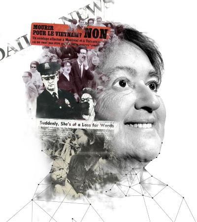 Photomontage montrant le visage d’une femme souriante, de côté, et l’arrière de sa tête est remplie de photos et de quelques grands titres de journaux liés à sa vie.