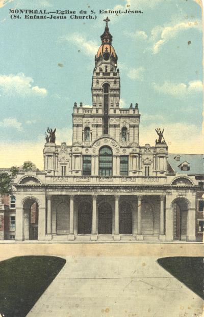 Carte postale colorisée montrant la façade de l’église Saint-Enfant-Jésus du Mile-End