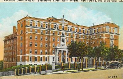 Carte postale montrant l'hôpital Notre-Dame rue Sherbrooke Est.