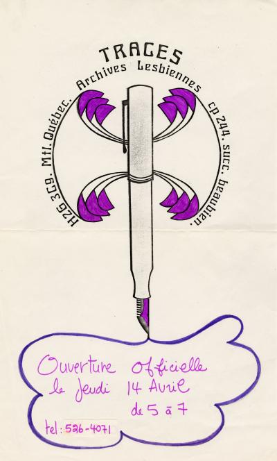 Affiche annonçant l’ouverture officielle des Archives lesbiennes Traces le jeudi 14 avril [1983].