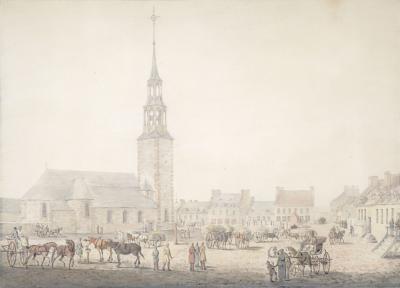 Aquarelle représentant la place d'Armes en 1790 avec l'église Notre-Dame en arrière-plan.