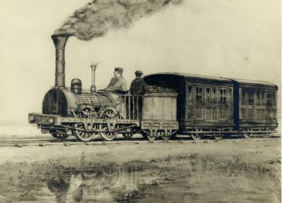 Gravure illustrant le premier chemin de fer et une locomotive avec deux employés.
