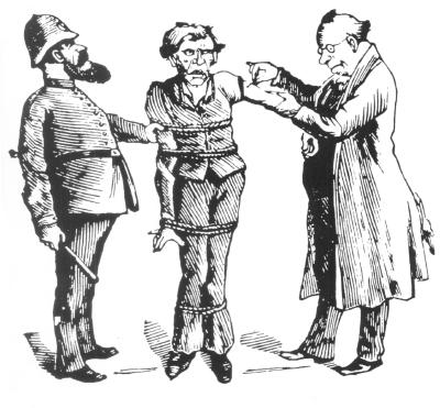 Un policier, à gauche, tient un homme attaché, au centre, qui est en train de se faire vacciner par un médecin.